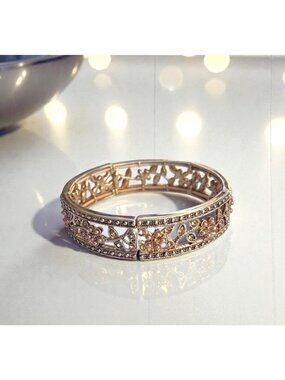 Monet Filagree Gold-Tone Hinged Bangle Bracelet Pink Floral & Crystal Accents